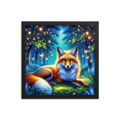 Funkelnder Nachtfuchs auf Waldlichtung mit Feuerwerk - Premium Poster mit Rahmen camping xxx yyy zzz 35.6 x 35.6 cm