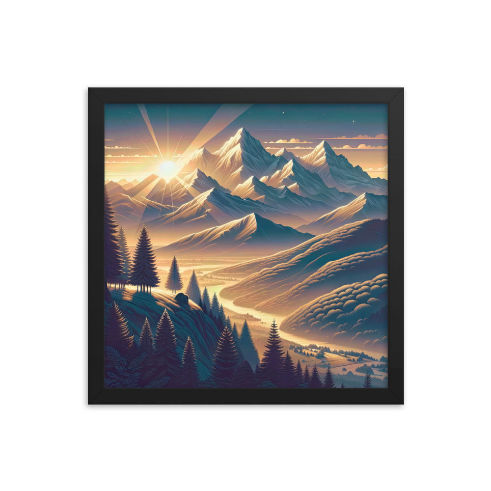 Alpen-Morgendämmerung, erste Sonnenstrahlen auf Schneegipfeln - Premium Poster mit Rahmen berge xxx yyy zzz 35.6 x 35.6 cm