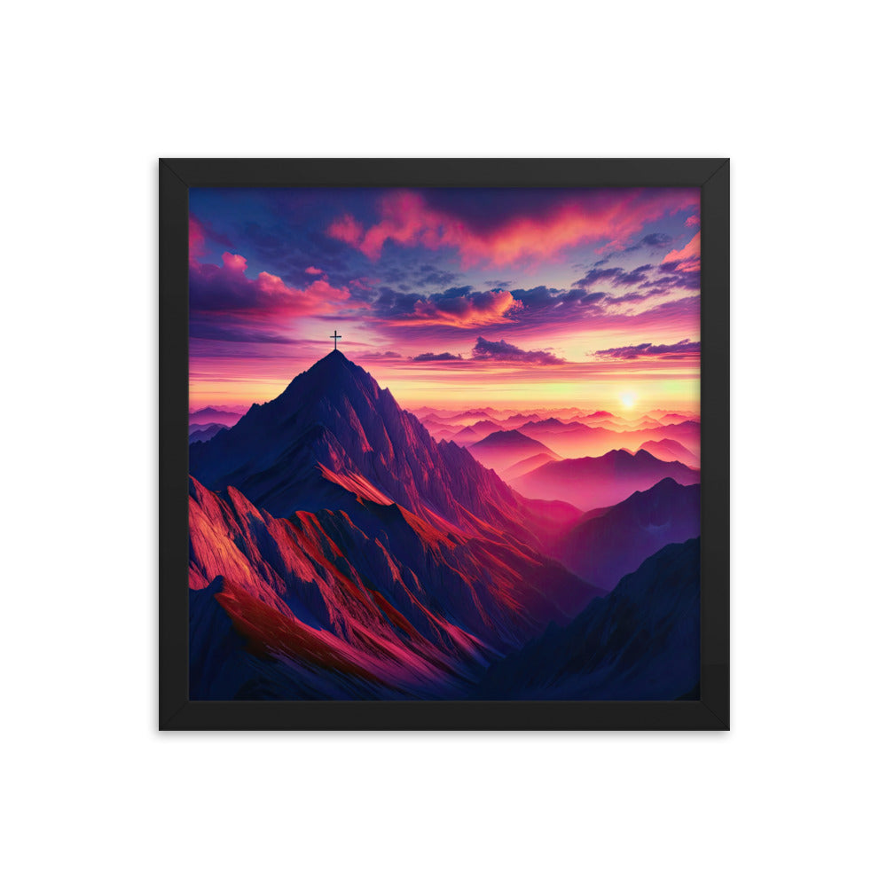 Dramatischer Alpen-Sonnenaufgang, Gipfelkreuz und warme Himmelsfarben - Premium Poster mit Rahmen berge xxx yyy zzz 35.6 x 35.6 cm