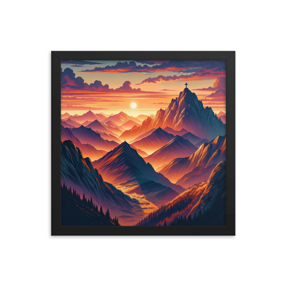Dramatischer Alpen-Sonnenuntergang, Gipfelkreuz in Orange-Rosa - Premium Poster mit Rahmen berge xxx yyy zzz 35.6 x 35.6 cm
