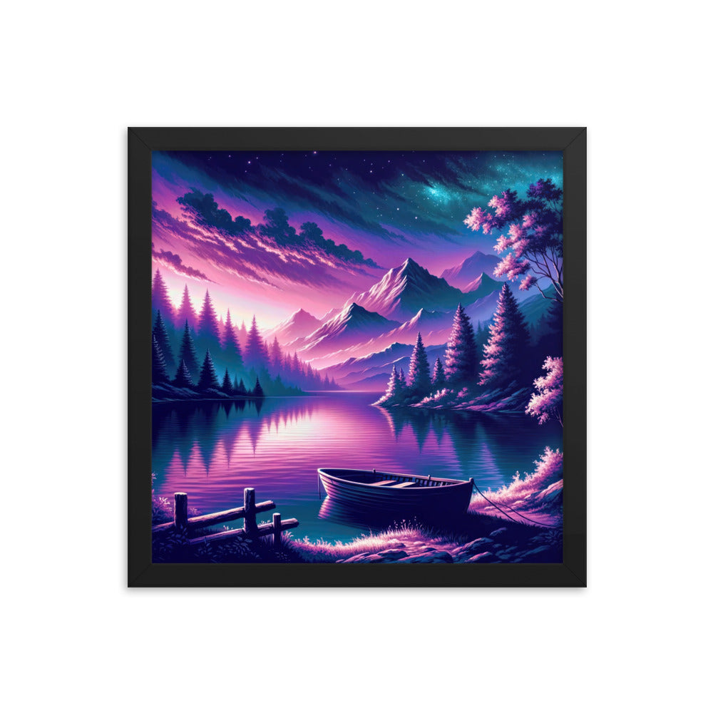 Magische Alpen-Dämmerung, rosa-lila Himmel und Bergsee mit Boot - Premium Poster mit Rahmen berge xxx yyy zzz 35.6 x 35.6 cm