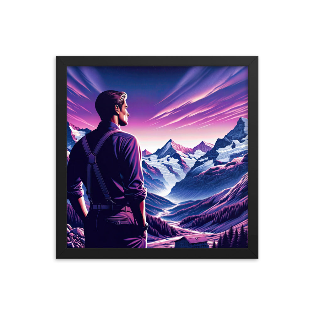Wanderer in alpiner Dämmerung, schneebedeckte Gipfel ins Unendliche - Premium Poster mit Rahmen wandern xxx yyy zzz 35.6 x 35.6 cm