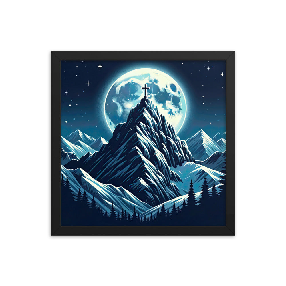 Mondnacht und Gipfelkreuz in den Alpen, glitzernde Schneegipfel - Premium Poster mit Rahmen berge xxx yyy zzz 35.6 x 35.6 cm