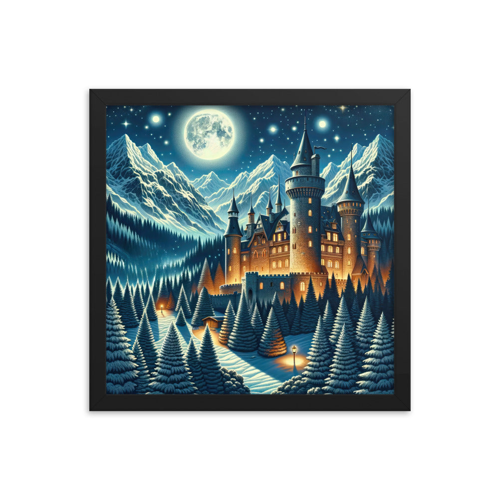 Mondhelle Schlossnacht in den Alpen, sternenklarer Himmel - Premium Poster mit Rahmen berge xxx yyy zzz 35.6 x 35.6 cm