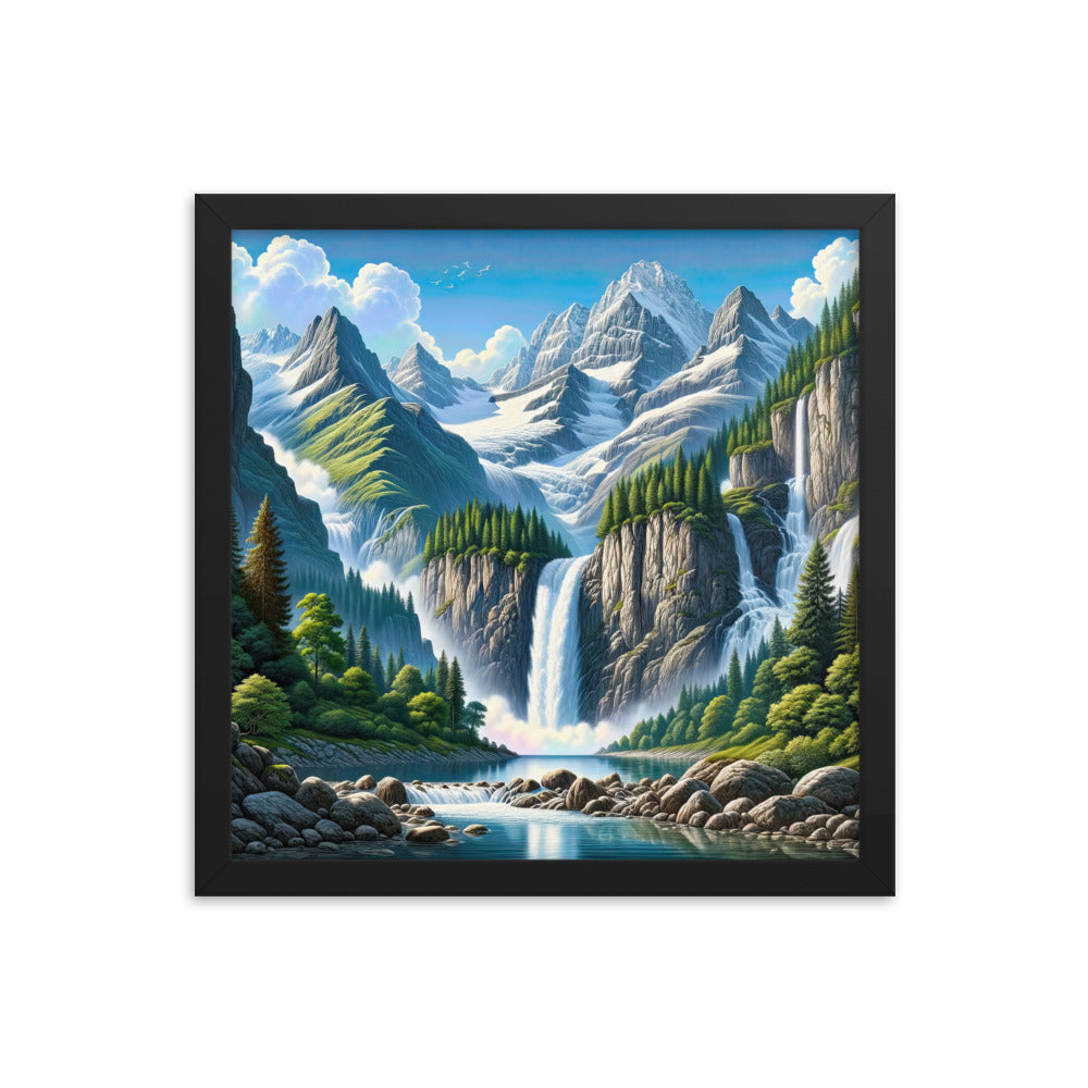 Illustration einer unberührten Alpenkulisse im Hochsommer. Wasserfall und See - Premium Poster mit Rahmen berge xxx yyy zzz 35.6 x 35.6 cm