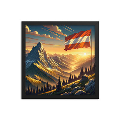 Ruhiger Alpenabend mit österreichischer Flagge und goldenem Sonnenuntergang - Premium Poster mit Rahmen berge xxx yyy zzz 35.6 x 35.6 cm