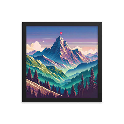 Harmonische Berglandschaft mit Schweizer Flagge auf Gipfel - Premium Poster mit Rahmen berge xxx yyy zzz 35.6 x 35.6 cm