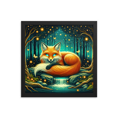 Bezaubernder Fuchs auf erleuchteter mystischer Waldlichtung - Premium Poster mit Rahmen camping xxx yyy zzz 35.6 x 35.6 cm