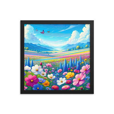 Weitläufiges Blumenfeld unter himmelblauem Himmel, leuchtende Flora - Premium Poster mit Rahmen camping xxx yyy zzz 35.6 x 35.6 cm
