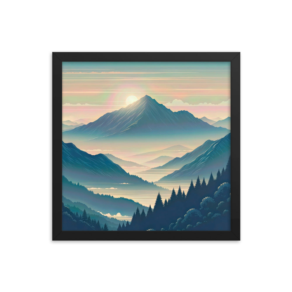 Bergszene bei Morgendämmerung, erste Sonnenstrahlen auf Bergrücken - Premium Poster mit Rahmen berge xxx yyy zzz 35.6 x 35.6 cm