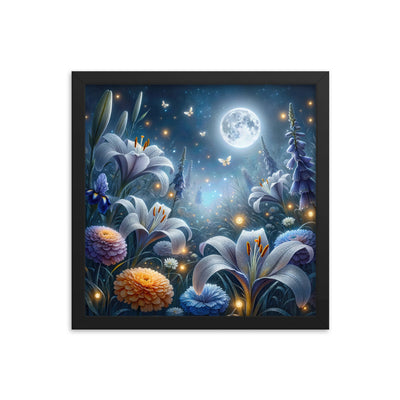 Ätherische Mondnacht auf blühender Wiese, silbriger Blumenglanz - Premium Poster mit Rahmen camping xxx yyy zzz 35.6 x 35.6 cm