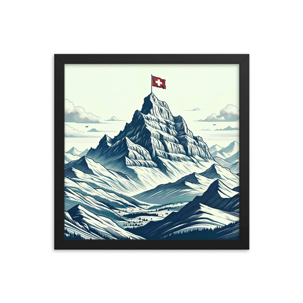 Ausgedehnte Bergkette mit dominierendem Gipfel und wehender Schweizer Flagge - Premium Poster mit Rahmen berge xxx yyy zzz 35.6 x 35.6 cm