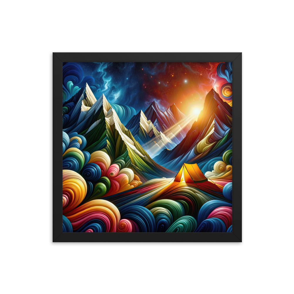 Abstrakte Bergwelt in lebendigen Farben mit Zelt - Premium Poster mit Rahmen camping xxx yyy zzz 35.6 x 35.6 cm