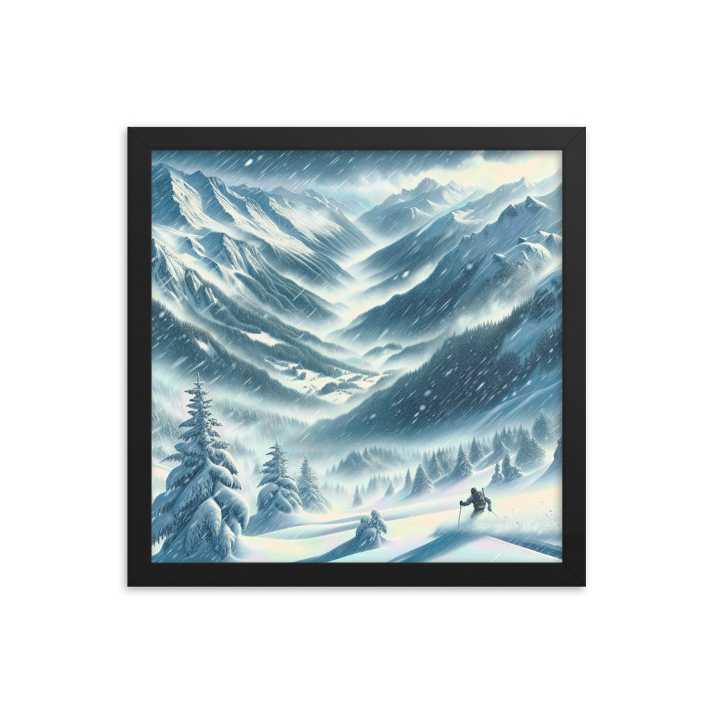 Alpine Wildnis im Wintersturm mit Skifahrer, verschneite Landschaft - Premium Poster mit Rahmen klettern ski xxx yyy zzz 35.6 x 35.6 cm