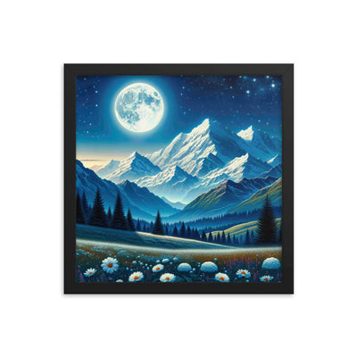 Klare frühlingshafte Alpennacht mit Blumen und Vollmond über Schneegipfeln - Premium Poster mit Rahmen berge xxx yyy zzz 35.6 x 35.6 cm
