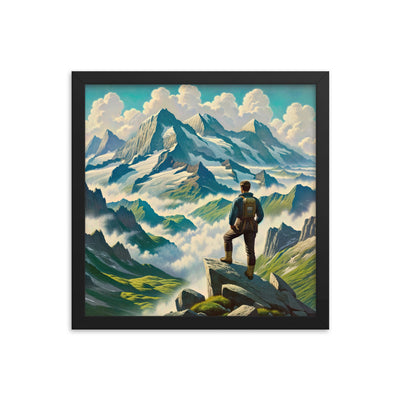 Panoramablick der Alpen mit Wanderer auf einem Hügel und schroffen Gipfeln - Premium Poster mit Rahmen wandern xxx yyy zzz 35.6 x 35.6 cm