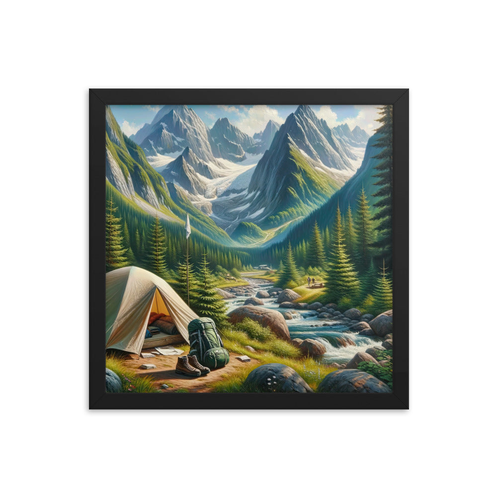 Ölgemälde der Alpensommerlandschaft mit Zelt, Gipfeln, Wäldern und Bächen - Premium Poster mit Rahmen camping xxx yyy zzz 35.6 x 35.6 cm