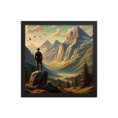 Ölgemälde eines Schweizer Wanderers in den Alpen bei goldenem Sonnenlicht - Premium Poster mit Rahmen wandern xxx yyy zzz 35.6 x 35.6 cm