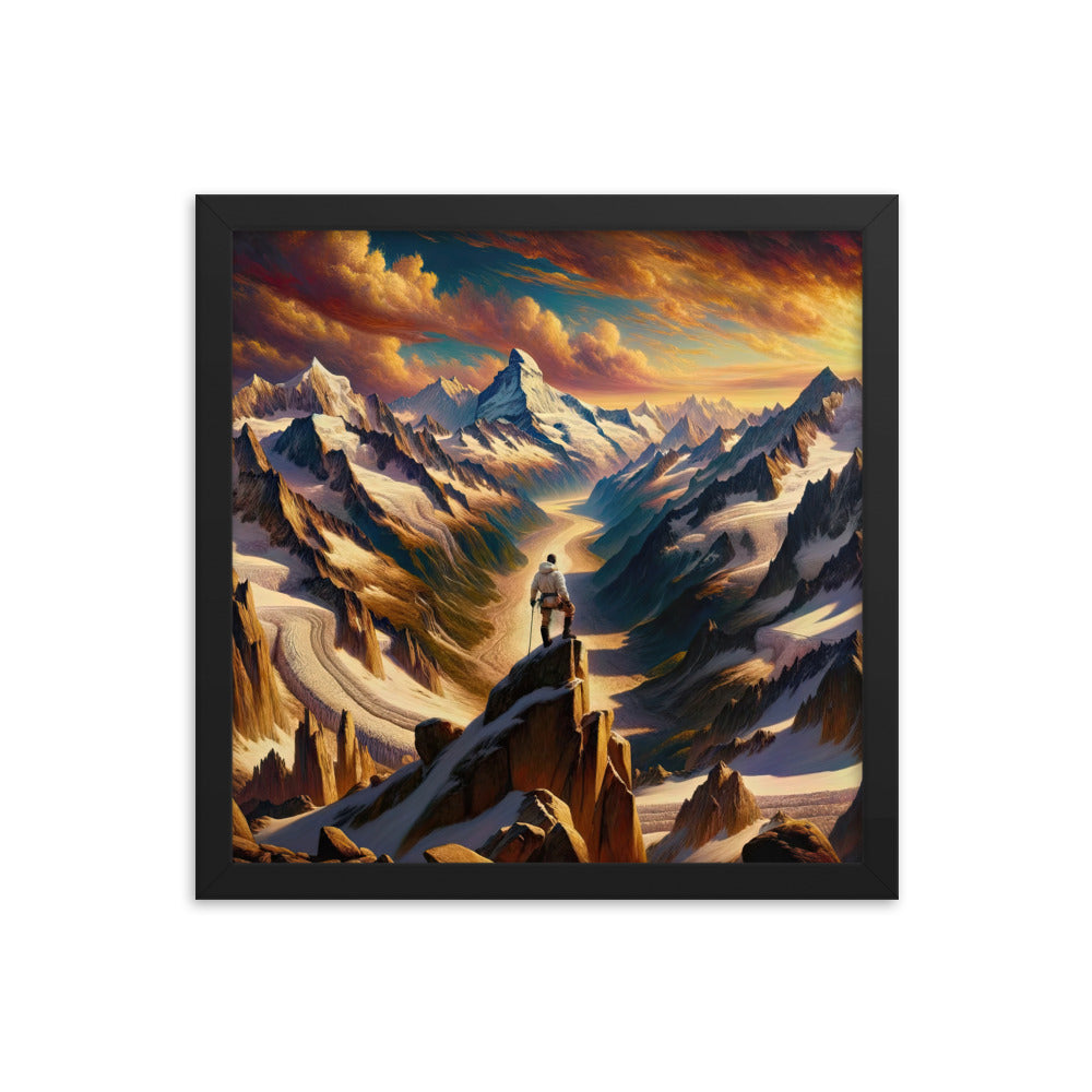 Ölgemälde eines Wanderers auf einem Hügel mit Panoramablick auf schneebedeckte Alpen und goldenen Himmel - Enhanced Matte Paper Framed wandern xxx yyy zzz 35.6 x 35.6 cm
