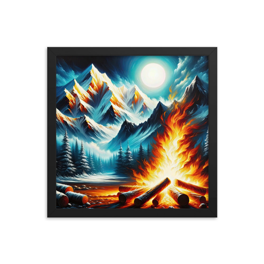 Ölgemälde von Feuer und Eis: Lagerfeuer und Alpen im Kontrast, warme Flammen - Premium Poster mit Rahmen camping xxx yyy zzz 35.6 x 35.6 cm