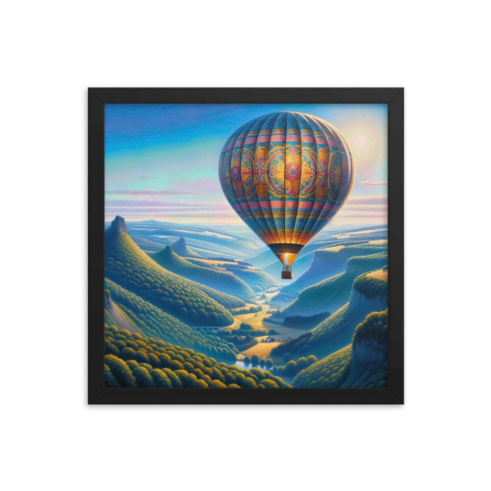Ölgemälde einer ruhigen Szene mit verziertem Heißluftballon - Premium Poster mit Rahmen berge xxx yyy zzz 35.6 x 35.6 cm