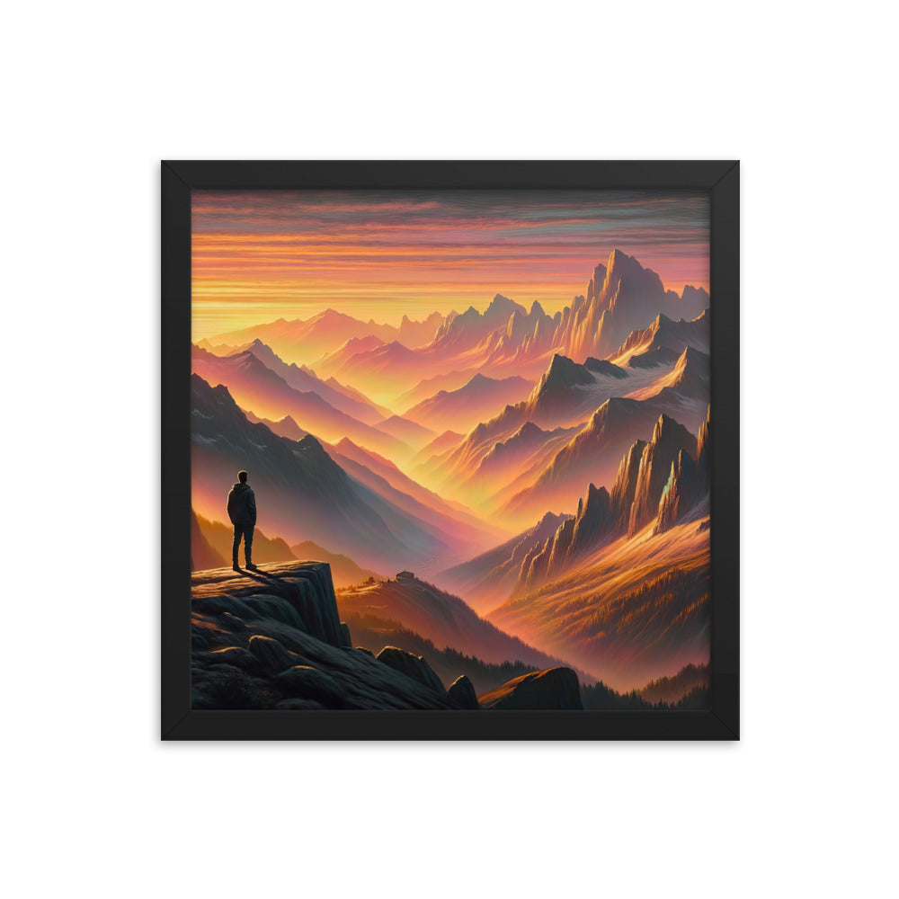 Ölgemälde der Alpen in der goldenen Stunde mit Wanderer, Orange-Rosa Bergpanorama - Premium Poster mit Rahmen wandern xxx yyy zzz 35.6 x 35.6 cm