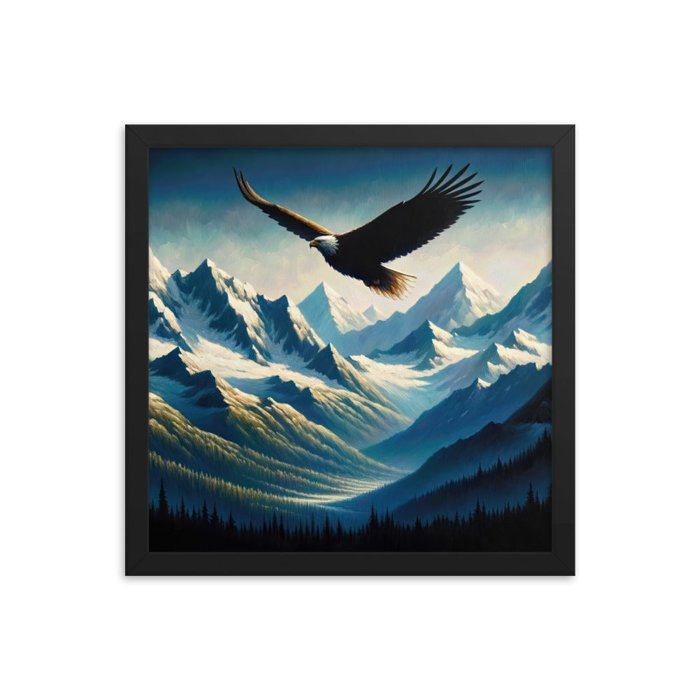 Ölgemälde eines Adlers vor schneebedeckten Bergsilhouetten - Premium Poster mit Rahmen berge xxx yyy zzz 35.6 x 35.6 cm