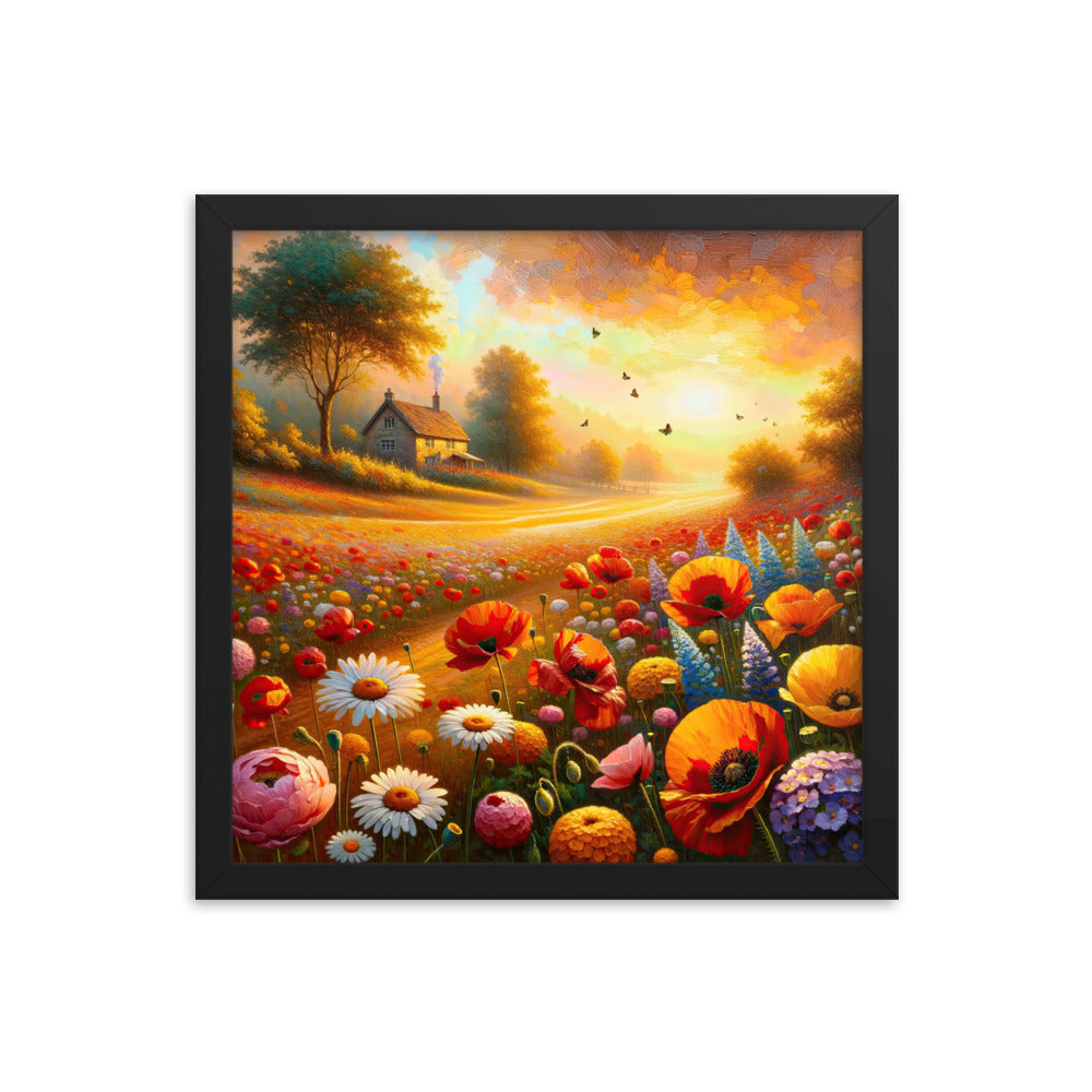 Ölgemälde eines Blumenfeldes im Sonnenuntergang, leuchtende Farbpalette - Premium Poster mit Rahmen camping xxx yyy zzz 35.6 x 35.6 cm