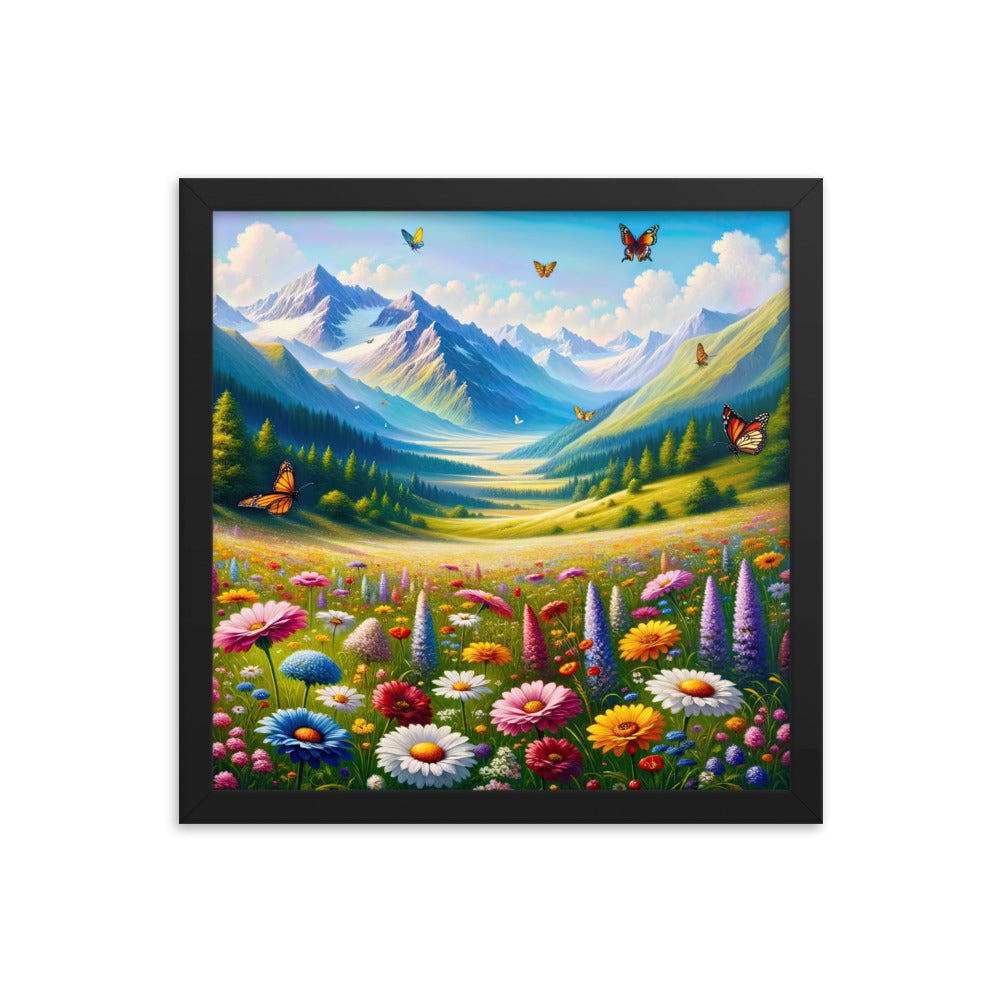 Ölgemälde einer ruhigen Almwiese, Oase mit bunter Wildblumenpracht - Premium Poster mit Rahmen camping xxx yyy zzz 35.6 x 35.6 cm