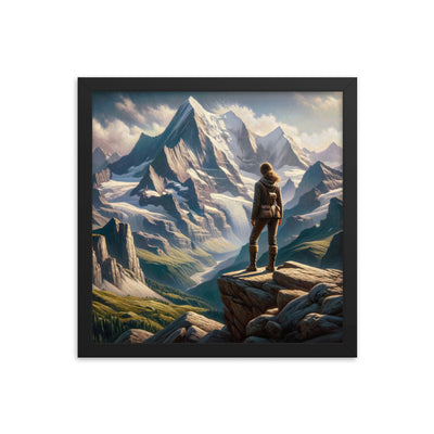 Ölgemälde der Alpengipfel mit Schweizer Abenteurerin auf Felsvorsprung - Premium Poster mit Rahmen wandern xxx yyy zzz 35.6 x 35.6 cm