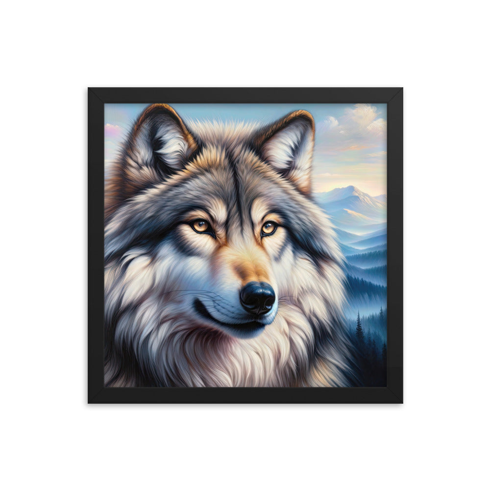 Ölgemäldeporträt eines majestätischen Wolfes mit intensiven Augen in der Berglandschaft (AN) - Premium Poster mit Rahmen xxx yyy zzz 35.6 x 35.6 cm