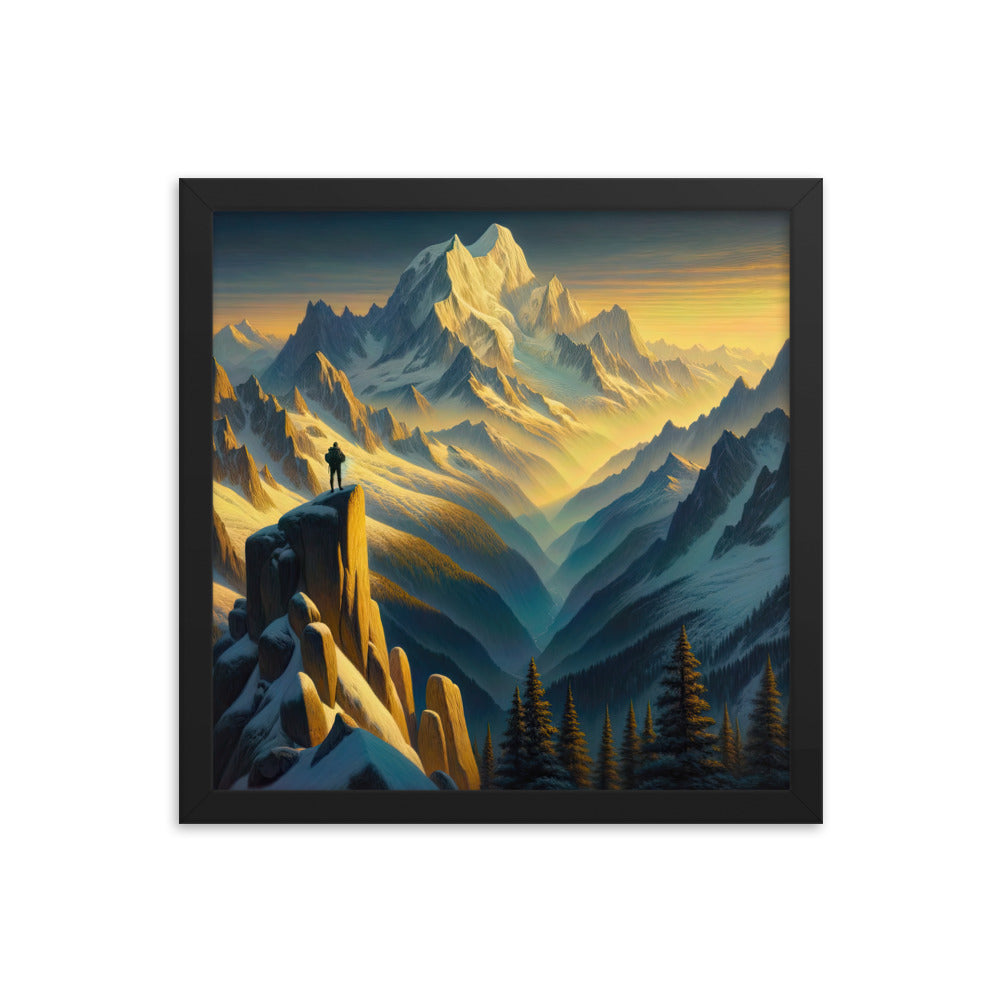 Ölgemälde eines Wanderers bei Morgendämmerung auf Alpengipfeln mit goldenem Sonnenlicht - Premium Poster mit Rahmen wandern xxx yyy zzz 35.6 x 35.6 cm