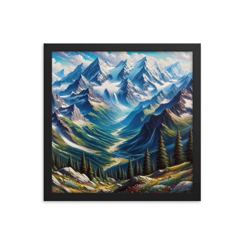 Panorama-Ölgemälde der Alpen mit schneebedeckten Gipfeln und schlängelnden Flusstälern - Premium Poster mit Rahmen berge xxx yyy zzz 35.6 x 35.6 cm