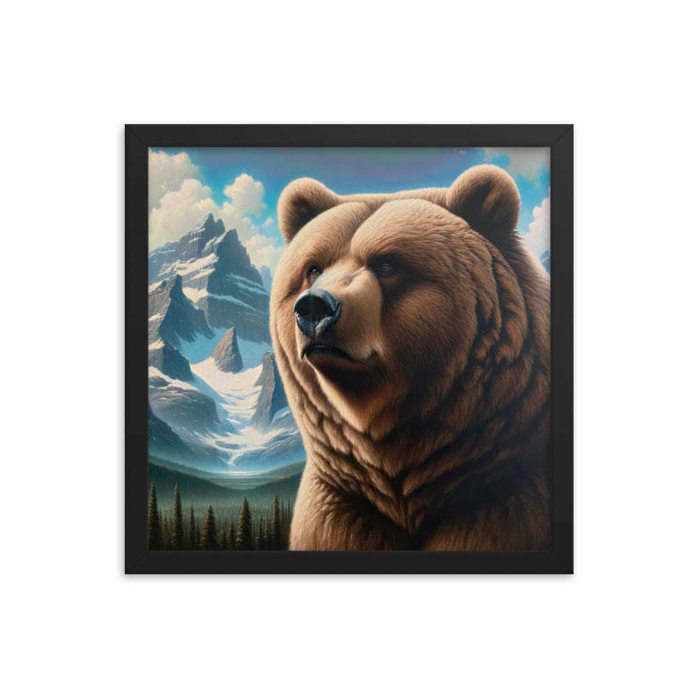 Realistisches Ölgemälde eines männlichen Bären in den Bergen mit Fokus auf Stärke und Schärfe - Premium Poster mit Rahmen camping xxx yyy zzz 35.6 x 35.6 cm