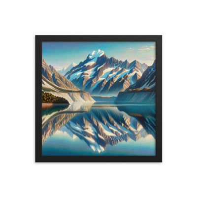 Ölgemälde eines unberührten Sees, der die Bergkette spiegelt - Premium Poster mit Rahmen berge xxx yyy zzz 35.6 x 35.6 cm