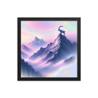 Pastellzeichnung der Alpen im Morgengrauen mit Steinbock in Rosa- und Lavendeltönen - Premium Poster mit Rahmen berge xxx yyy zzz 35.6 x 35.6 cm