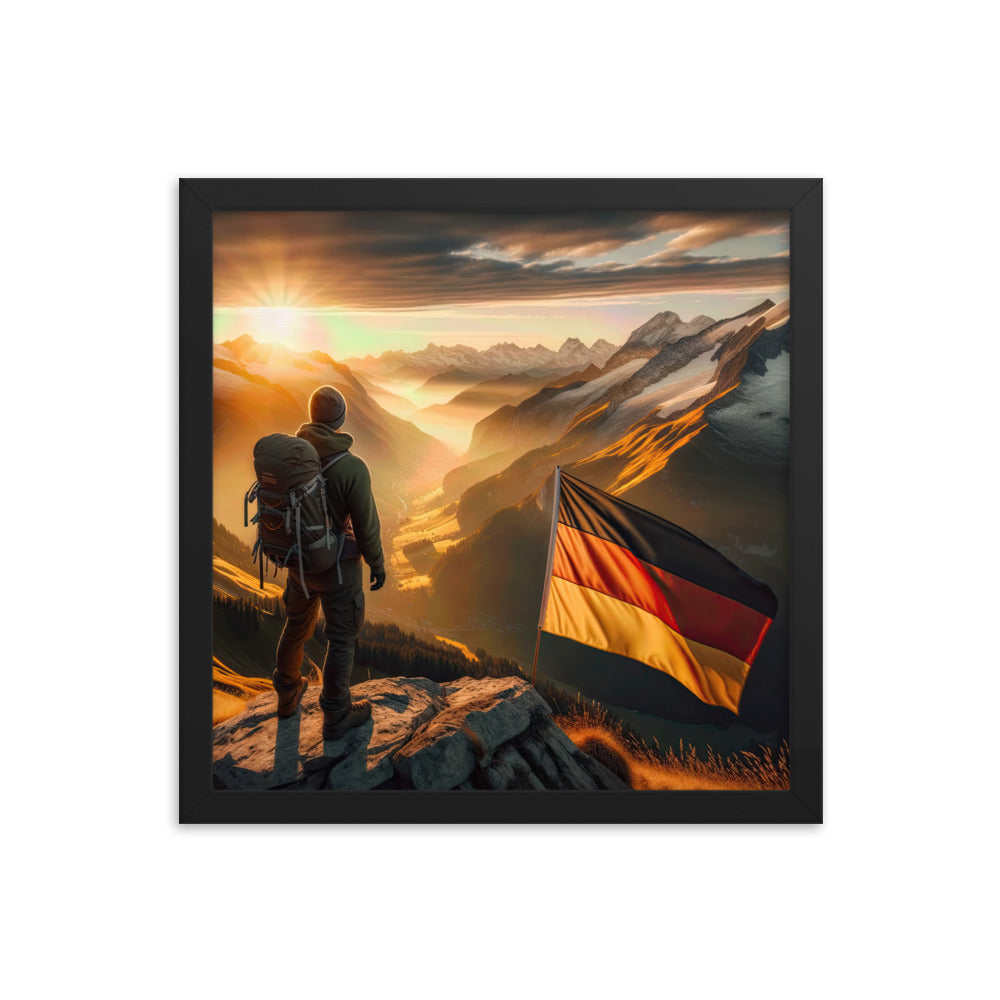 Foto der Alpen bei Sonnenuntergang mit deutscher Flagge und Wanderer, goldenes Licht auf Schneegipfeln - Enhanced Matte Paper Framed berge xxx yyy zzz 35.6 x 35.6 cm