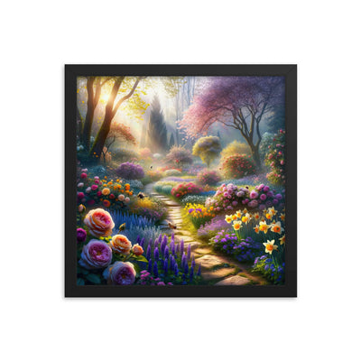Foto einer Gartenszene im Frühling mit Weg durch blühende Rosen und Veilchen - Premium Poster mit Rahmen camping xxx yyy zzz 35.6 x 35.6 cm