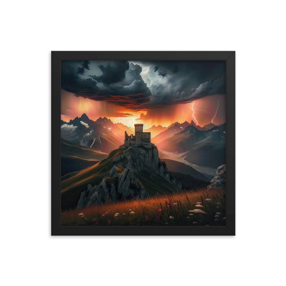 Foto einer Alpenburg bei stürmischem Sonnenuntergang, dramatische Wolken und Sonnenstrahlen - Premium Poster mit Rahmen berge xxx yyy zzz 35.6 x 35.6 cm