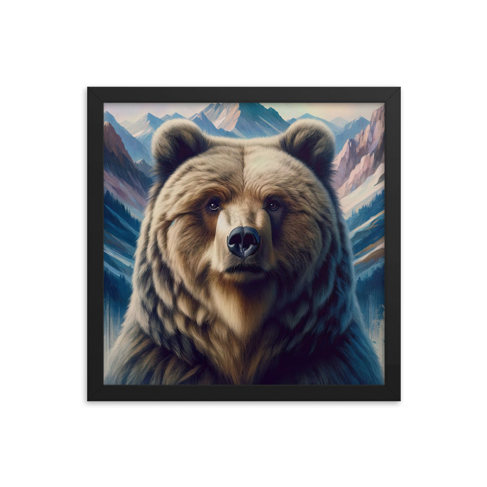 Foto eines Bären vor abstrakt gemalten Alpenbergen, Oberkörper im Fokus - Premium Poster mit Rahmen camping xxx yyy zzz 35.6 x 35.6 cm