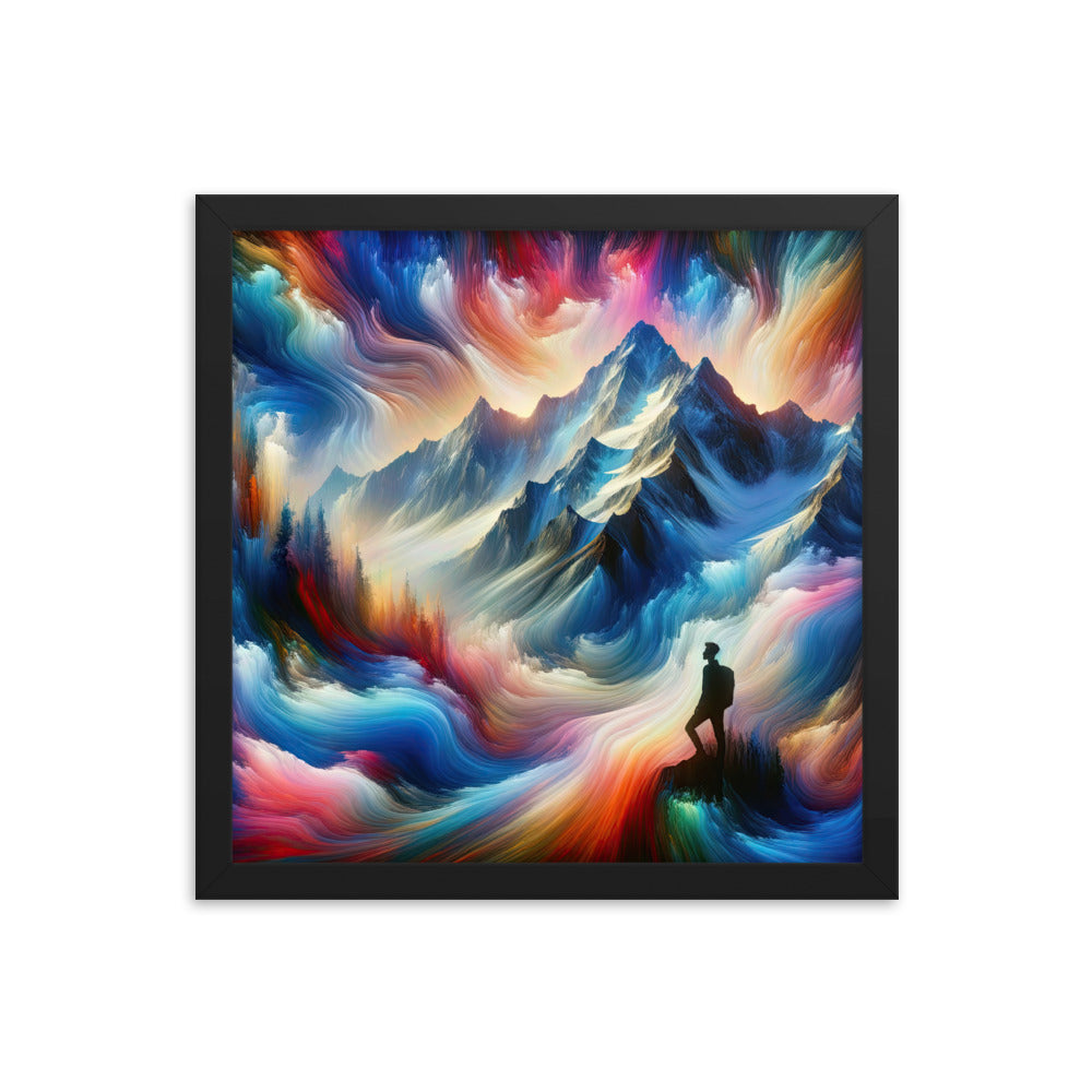 Foto eines abstrakt-expressionistischen Alpengemäldes mit Wanderersilhouette - Premium Poster mit Rahmen wandern xxx yyy zzz 35.6 x 35.6 cm