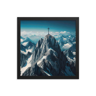 Foto der Alpen mit Gipfelkreuz an einem klaren Tag, schneebedeckte Spitzen vor blauem Himmel - Premium Poster mit Rahmen berge xxx yyy zzz 35.6 x 35.6 cm