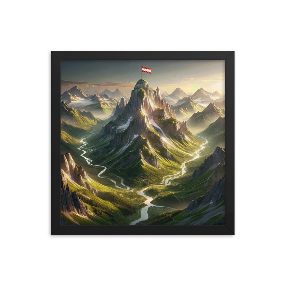 Fotorealistisches Bild der Alpen mit österreichischer Flagge, scharfen Gipfeln und grünen Tälern - Enhanced Matte Paper Framed Poster berge xxx yyy zzz 35.6 x 35.6 cm