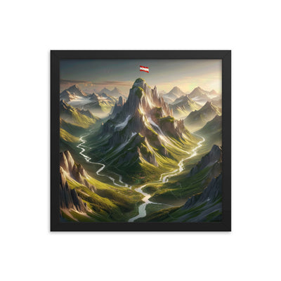 Fotorealistisches Bild der Alpen mit österreichischer Flagge, scharfen Gipfeln und grünen Tälern - Enhanced Matte Paper Framed Poster berge xxx yyy zzz 35.6 x 35.6 cm