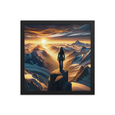 Fotorealistische Darstellung der Alpen bei Sonnenaufgang, Wanderin unter einem gold-purpurnen Himmel - Enhanced Matte Paper Framed wandern xxx yyy zzz 35.6 x 35.6 cm