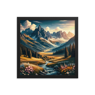 Quadratisches Kunstwerk der Alpen, majestätische Berge unter goldener Sonne - Premium Poster mit Rahmen berge xxx yyy zzz 35.6 x 35.6 cm