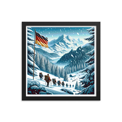 Quadratische Winterillustration der Alpen mit deutscher Flagge und Wanderteam - Premium Poster mit Rahmen wandern xxx yyy zzz 35.6 x 35.6 cm