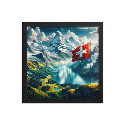 Ultraepische, fotorealistische Darstellung der Schweizer Alpenlandschaft mit Schweizer Flagge - Premium Poster mit Rahmen berge xxx yyy zzz 35.6 x 35.6 cm