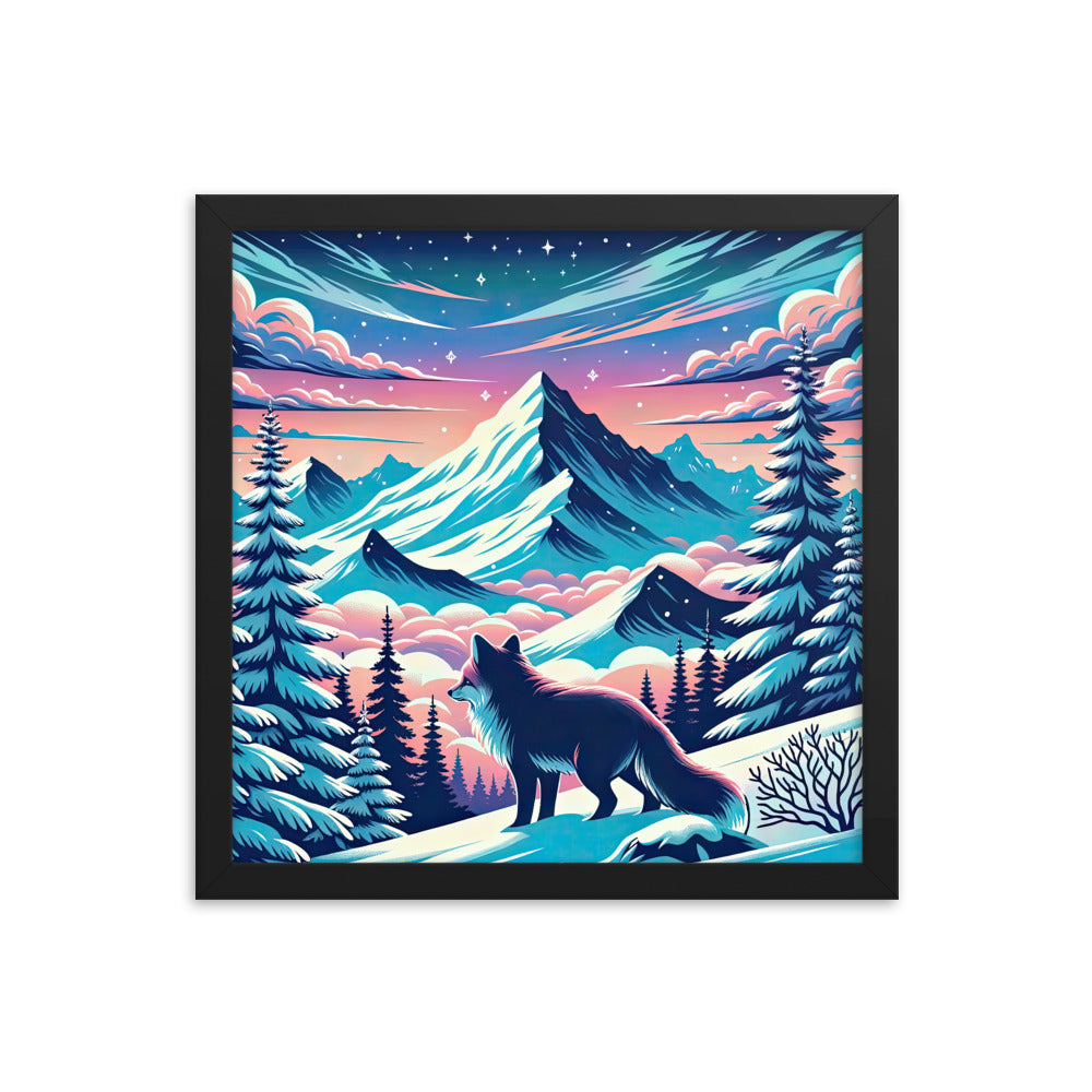 Vektorgrafik eines alpinen Winterwunderlandes mit schneebedeckten Kiefern und einem Fuchs - Premium Poster mit Rahmen camping xxx yyy zzz 35.6 x 35.6 cm