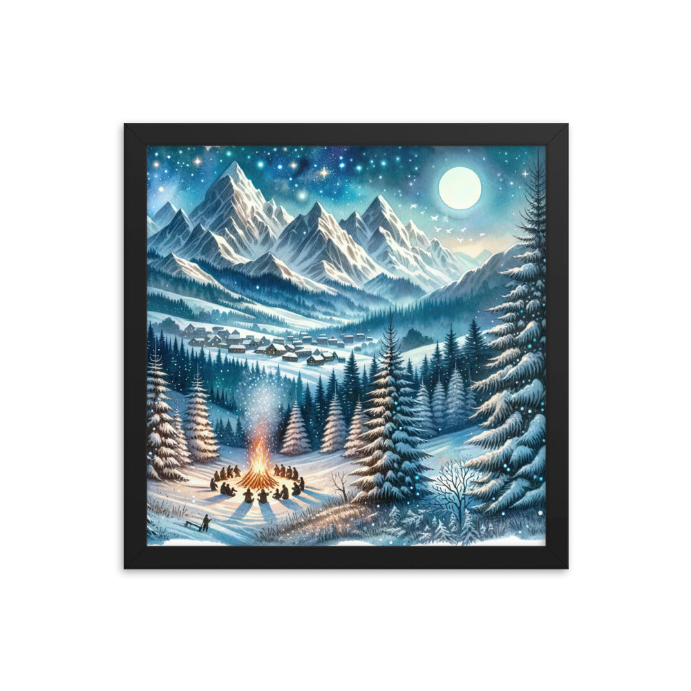 Aquarell eines Winterabends in den Alpen mit Lagerfeuer und Wanderern, glitzernder Neuschnee - Premium Poster mit Rahmen camping xxx yyy zzz 35.6 x 35.6 cm